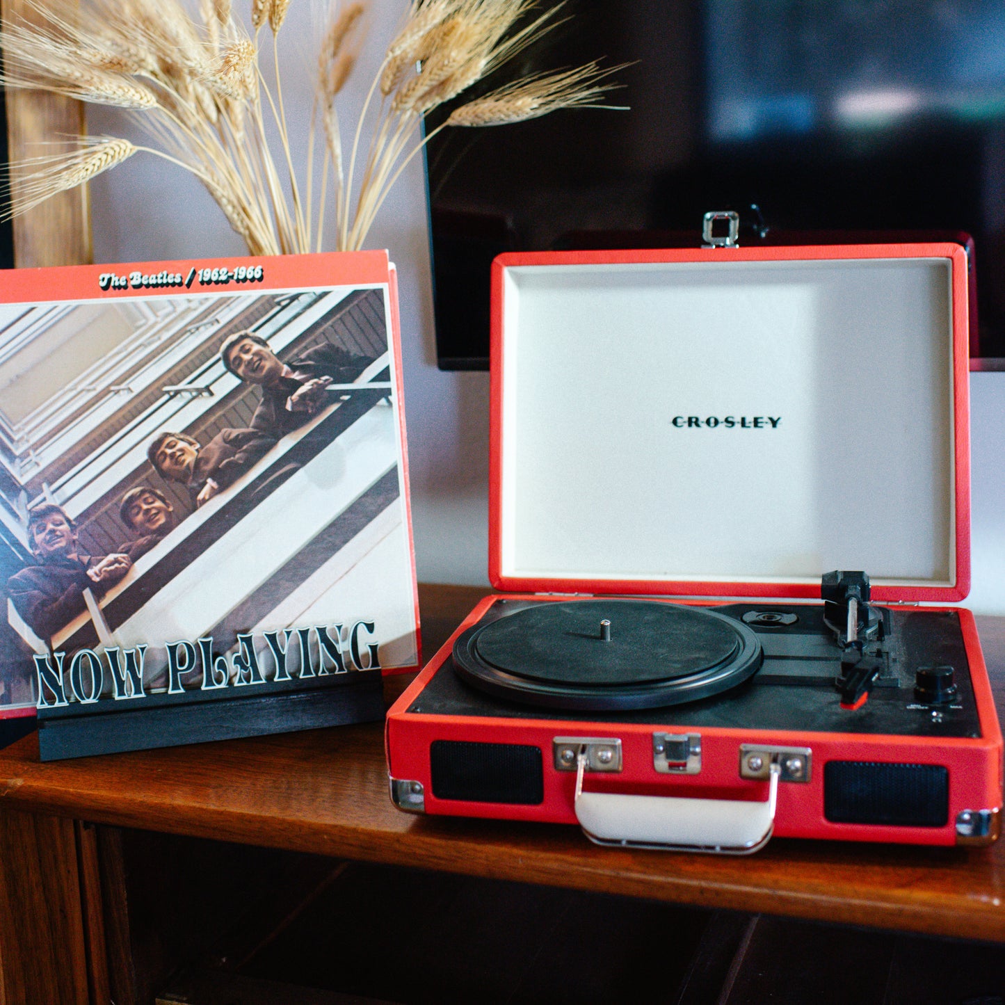 Now Playing Vinyl Stand with record - right facing with record player