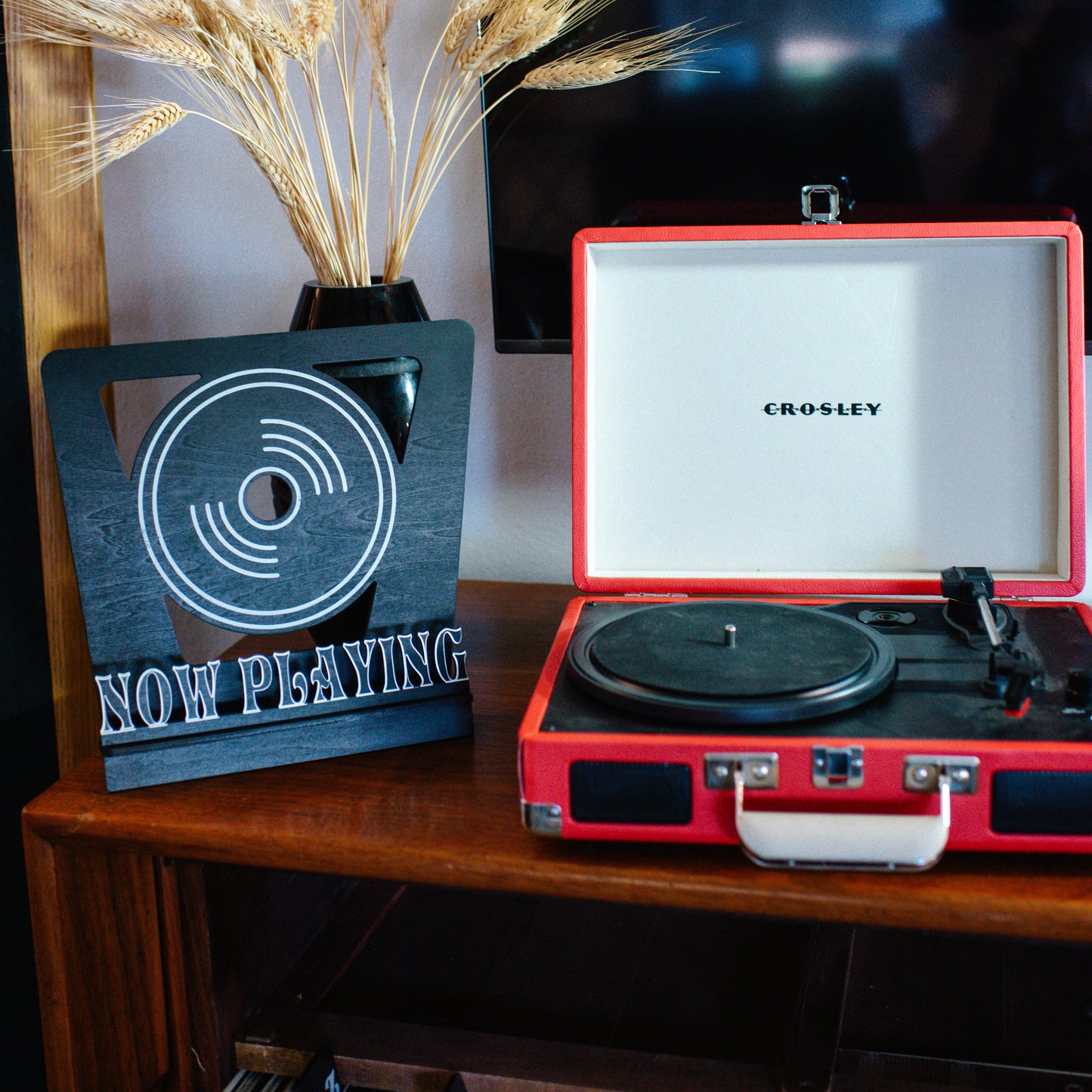 Now Playing Vinyl record Stand right facing with record player