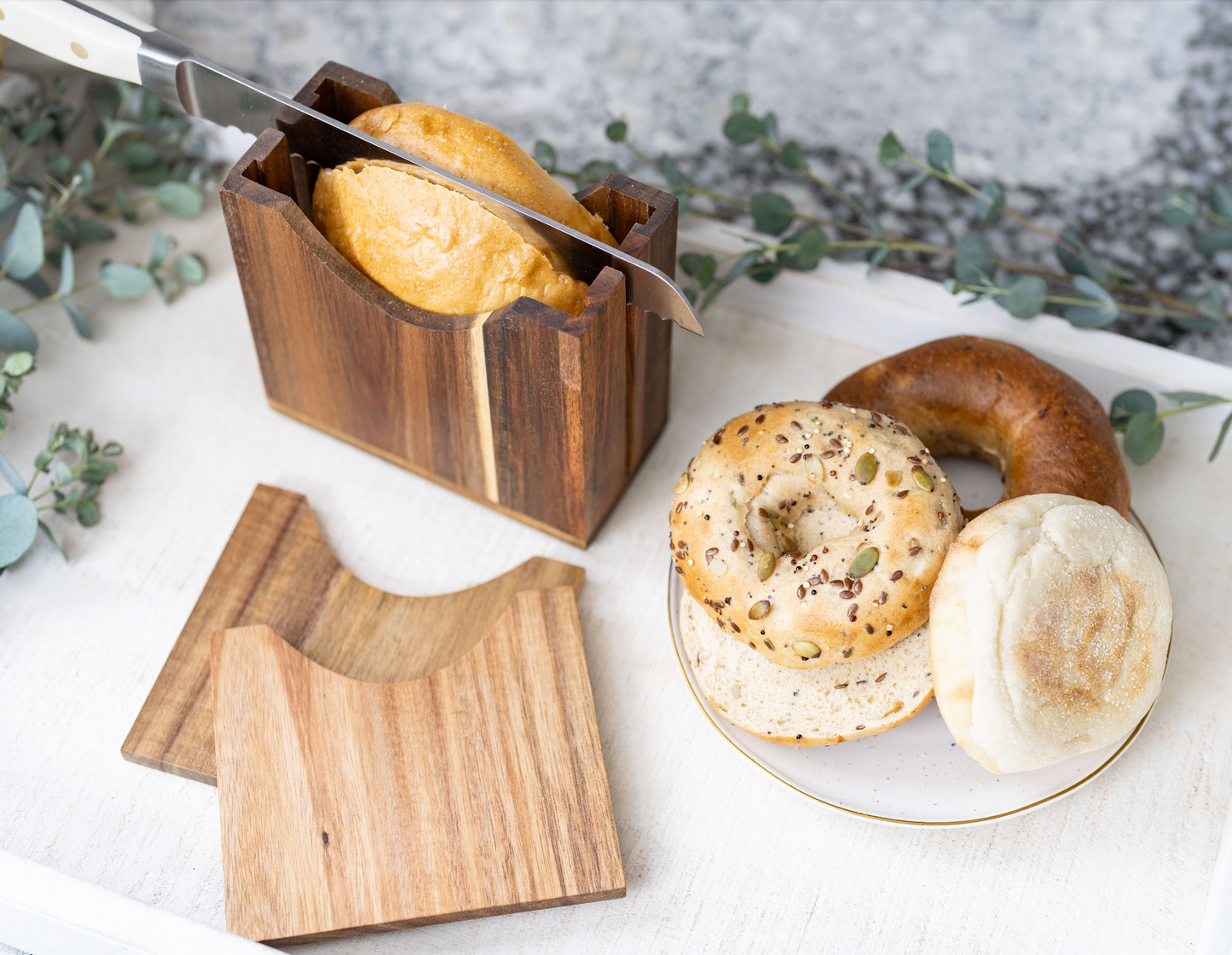 Adjustable Acacia Wood Bagel Slicer Holder